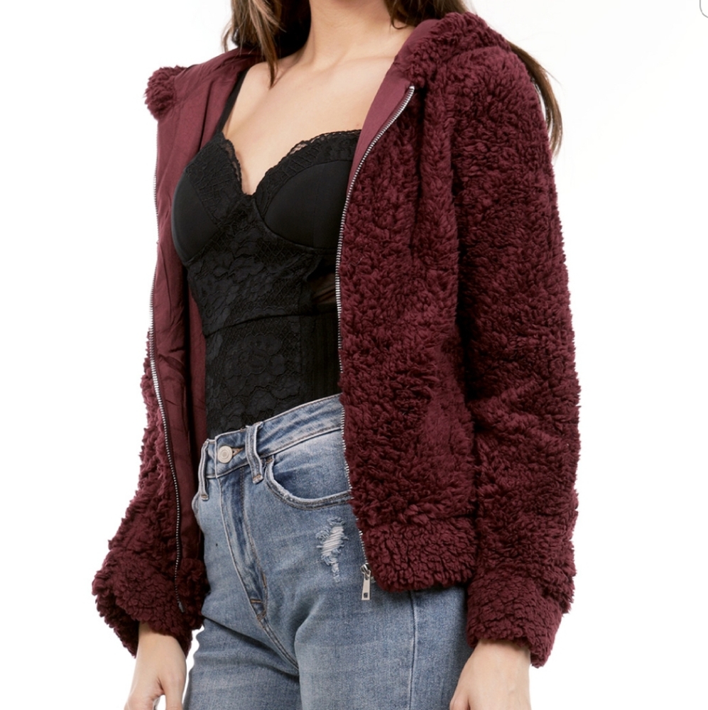 NWT Faux Fur Burgundy Zip Up Jacket
